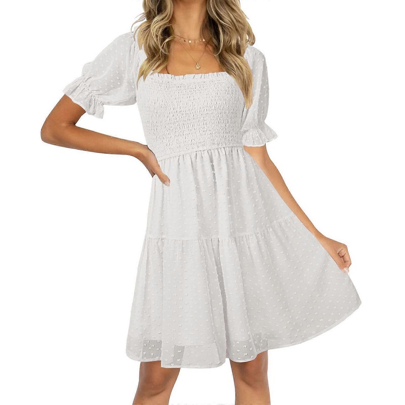 Womens Square Neck Dress Long Puff-Sleeve A-Line Casual Short Mini Dress  Beige M | Fruugo SG
