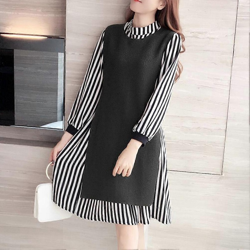 2pcs/Set Fashion Women Vest Dress Stripe Pattern Three Quarter Sleeve Knee Length Dress Clothes SetBlack XL | Fruugo SG