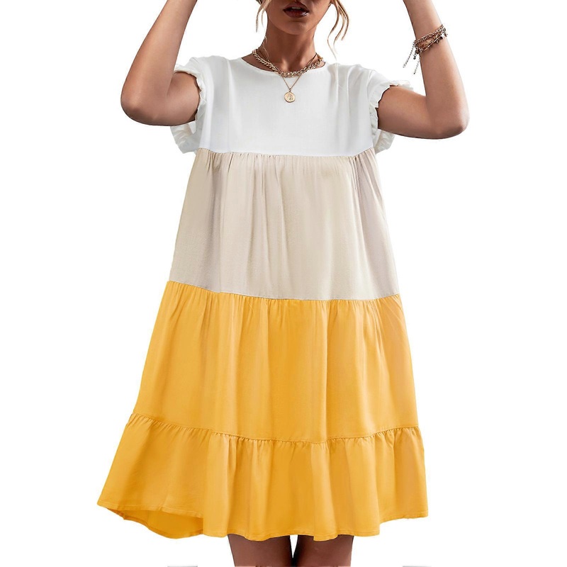 Contrast Color Splicing Dress Classic One Piece Dress with Ruffled Cuffs Machine Washable for Summer Yellow M_-sy_-sy | Fruugo SG