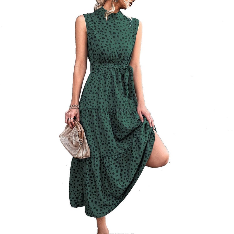 Dot Print Dress Belted Sleeveless Stand Collar Midi Length High Waist Women Summer Dress Green XL_-sy_-sy | Fruugo SG