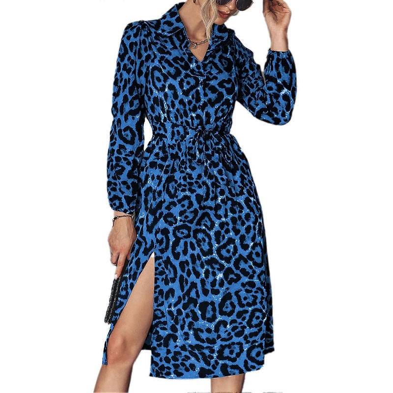 Dress Leopard Print Long Sleeve Side Split Lapel Waist Tie Fashionable Dress for Women Blue M_-sy_-sy | Fruugo SG