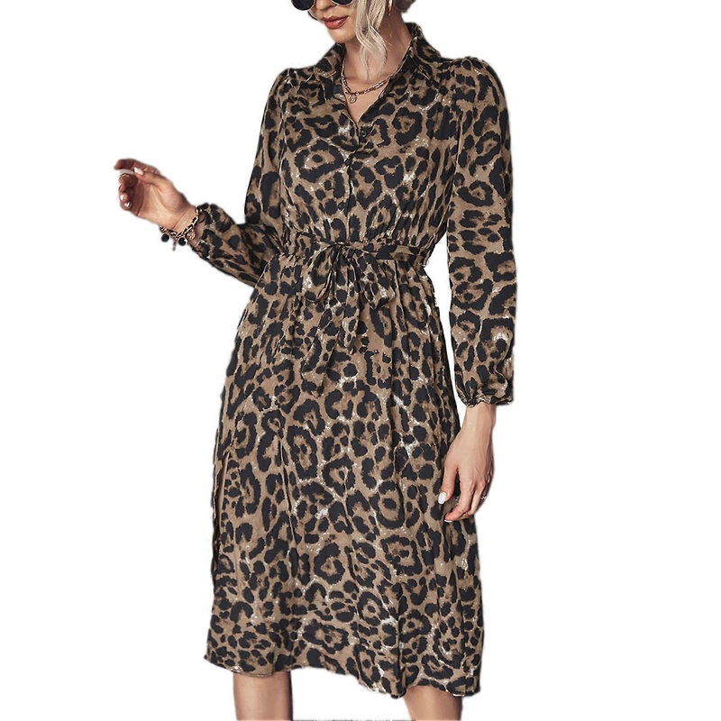 Dress Leopard Print Long Sleeve Side Split Lapel Waist Tie Fashionable Dress for Women Brown L_-sy_-sy | Fruugo SG