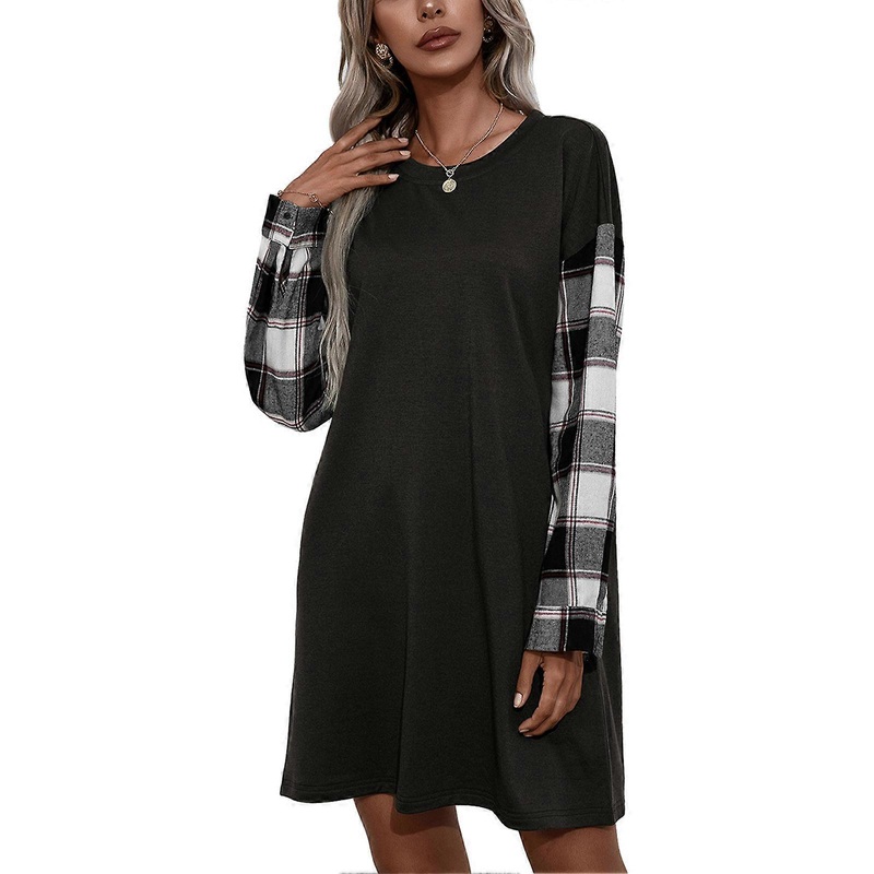 Dress Plaid Splice Long Sleeve Round Neck Fashionable Casual Mini One Piece Dress for Women | Fruugo SG