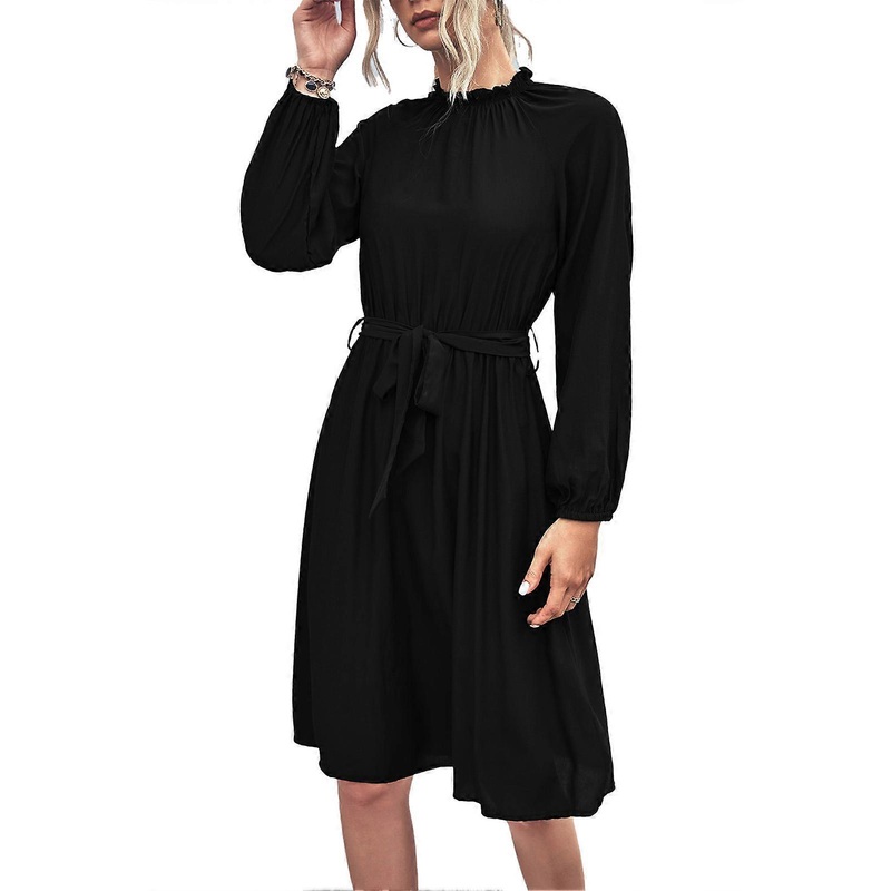 Dress Solid Color Round Neck Long Raglan Sleeves Tie Waist Loose Elegant Comfortable Women Dress Black L | Fruugo SG