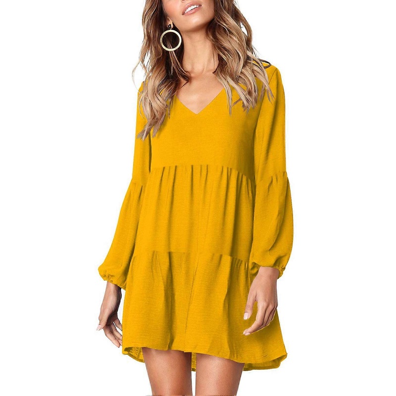 Dress V Neck Long Sleeve Straight Pure Color Layered Casual One Piece Dress for Women Yellow M_-sy_-sy | Fruugo SG