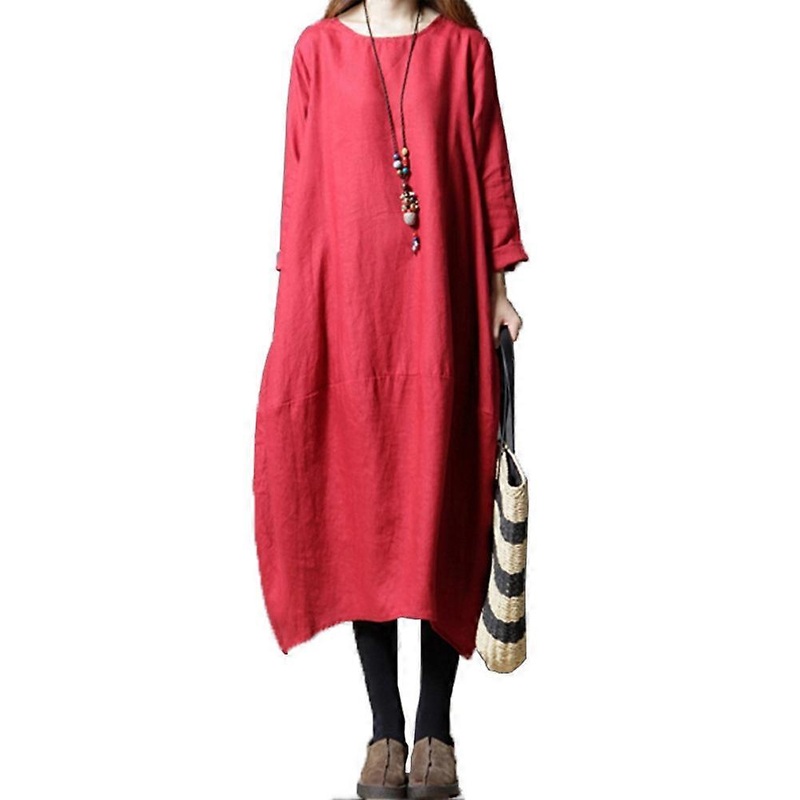 Fashion Women Lady Round Neck Loose Solid Color Dress for Spring Summer (Red XXL) | Fruugo SG