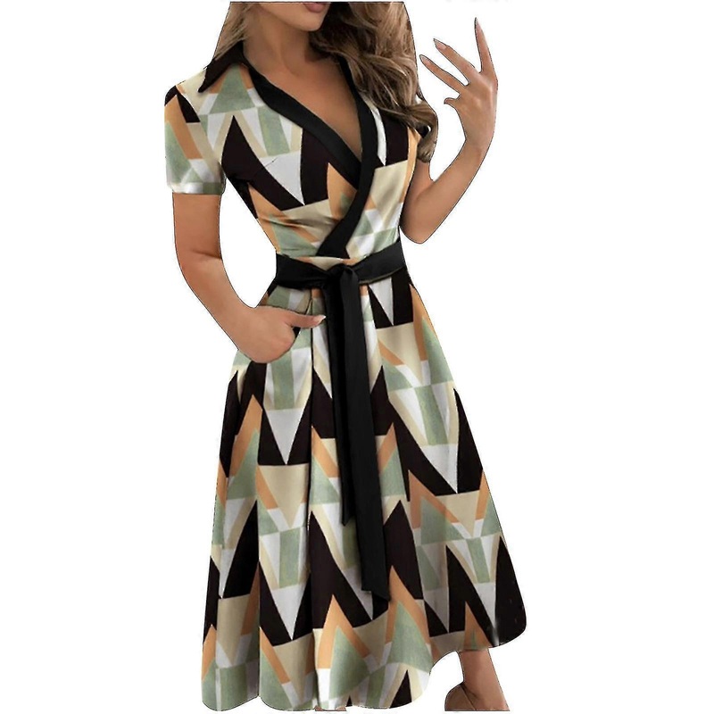 Fashion Women’s Casual Loose Bandage Short Sleeve Printing V-neck Ankle-length Dress | Fruugo SG