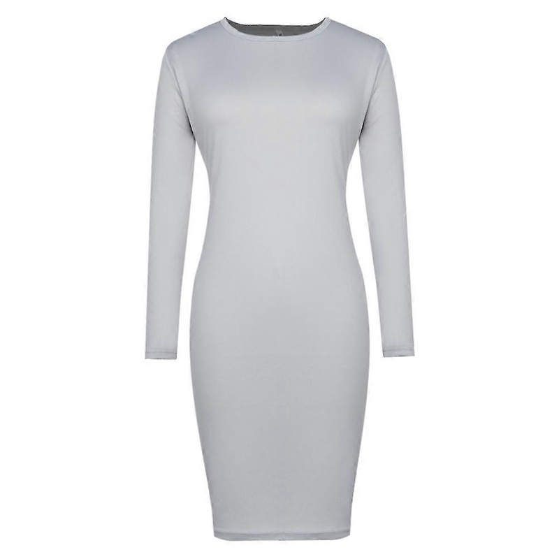 Fashion Women Solid Color Dress Round Neck Long Sleeve Mid-Calf Length Slim Dress Gray S | Fruugo SG