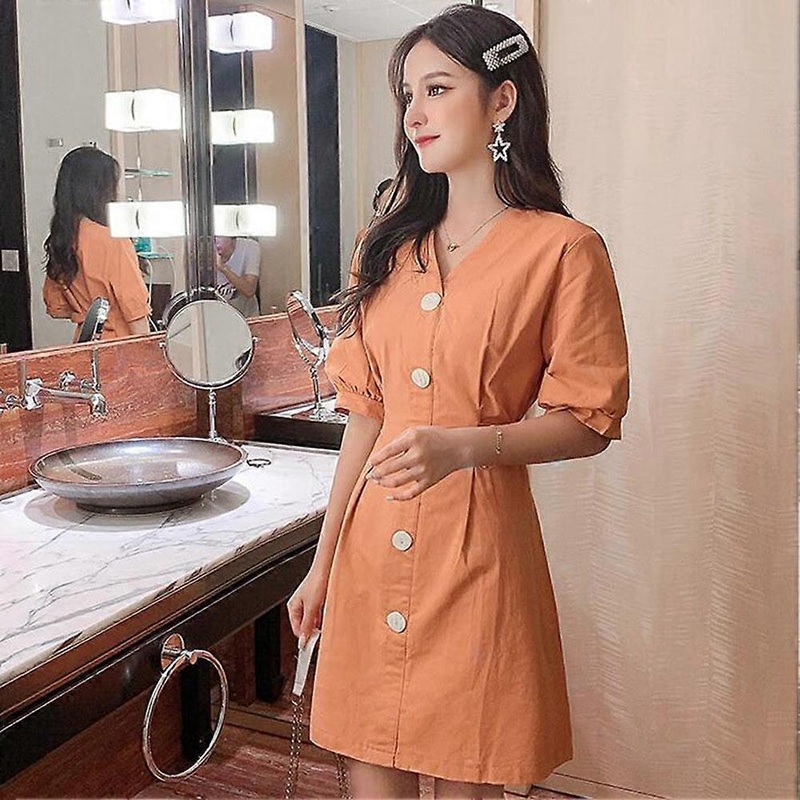 Fashion Women Vintage Style Dress High Waist Above Knee Length V Neck Dress (Orange L) | Fruugo SG