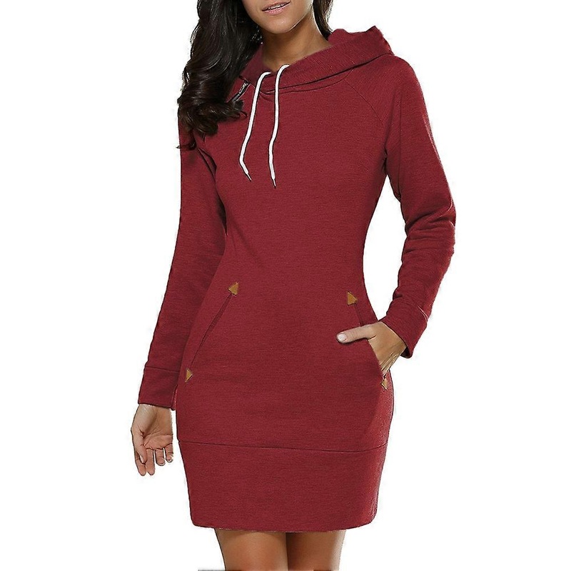 Hooded Sweatshirt Dress Front Pocket Long Sleeve Above Knee Length Dress (Burgundy 2XL) | Fruugo SG