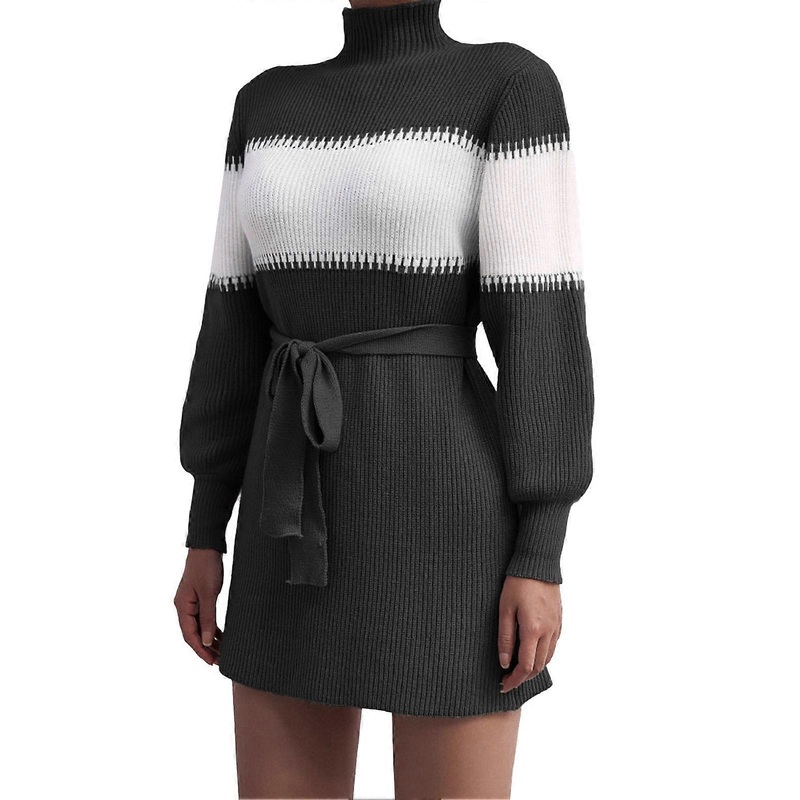 Knit Dress Long Sleeve High Neck Color Block Stitching Fashionable Women Short Knit Dress with Belt Black S_-sy_-sy | Fruugo SG