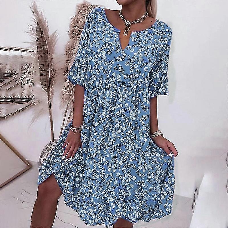 Ladies A Line Midi Dress Summer Loose Beach Swing Sundress Floral Print T-Shirt Dresses | Fruugo SG