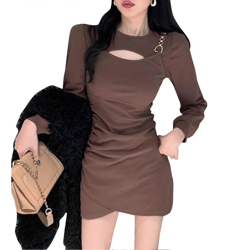 Long Sleeve Dress Soft Skin Friendly Breathable Pure Color Hollow Out Dress for Date Outdoor Coffee Color S_-sy_-sy | Fruugo SG