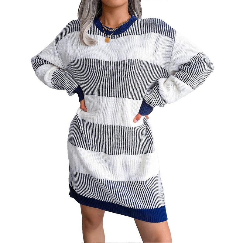 Long Sleeve Striped Dress Knitted Stretchable Loose Fit Casual Round Neck Sweater Dress for Women Dark Blue L_-sy_-sy | Fruugo SG