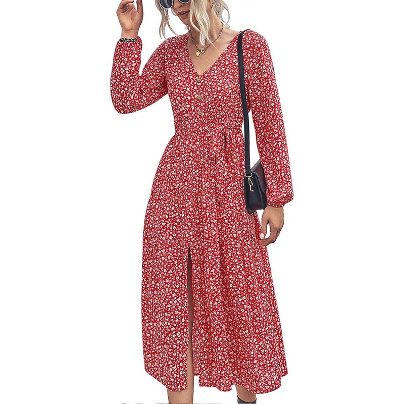 Long Sleeve V Neck Floral Split Dress Stylish Loose Women Casual Dress for Autumn Red S_-sy_-sy | Fruugo SG