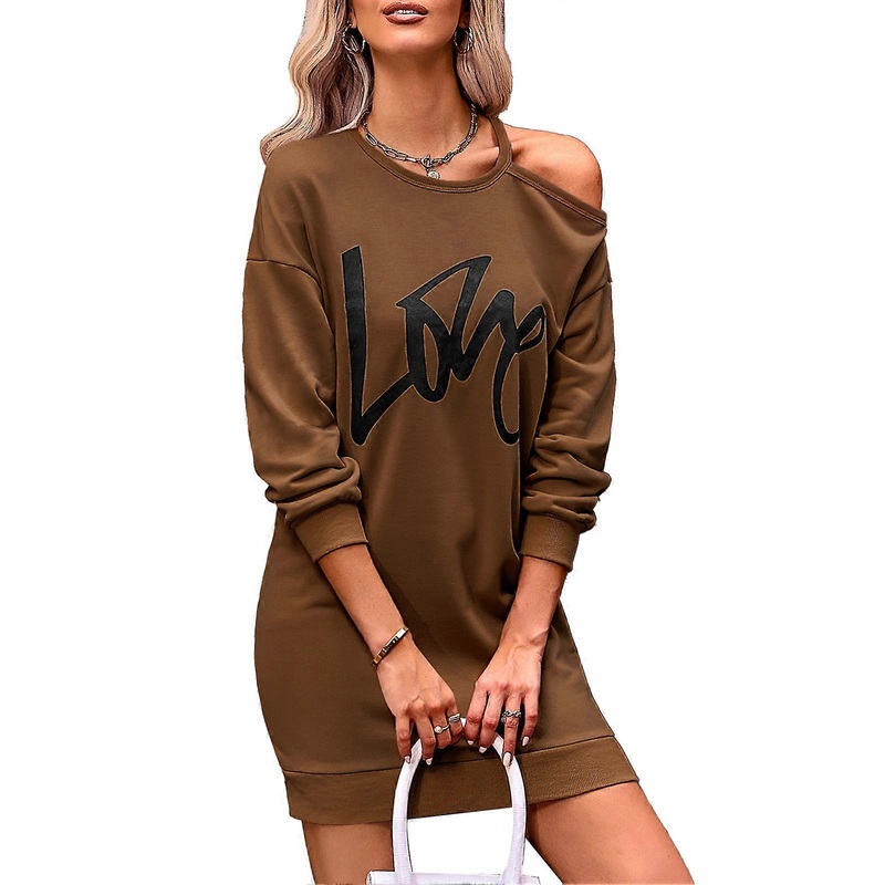Off Shoulder Sweatshirt Dress Long Sleeve Round Neck Casual Loose Mini Sweater Dress for Women Caramel Colour L_-sy_-sy | Fruugo SG