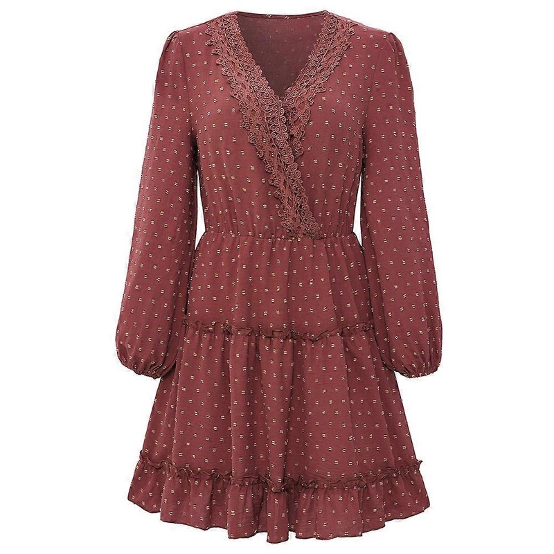 Spring and summer long-sleeved V-neck frilly polka dot mini dress casual and loose | Fruugo SG