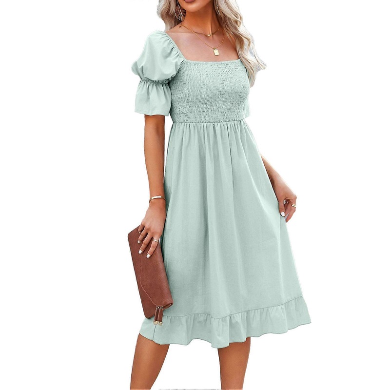 Square Neck Dress Fashionable Charming Lantern Sleeves Ruffle Pleated Waistband Dress for Women Light Green L | Fruugo SG