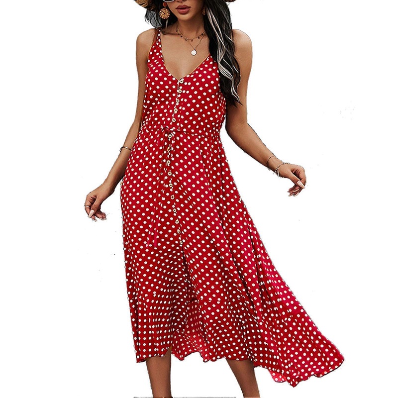Strap Dress V Neck High Waist Loose Hemline Backless Front Split Dot Floral Long Dress for Daily Party Beach Red XL | Fruugo SG