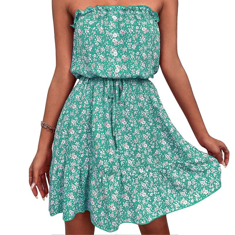 Strapless Off Shoulder Dress Women Summer Cute Fashionable Belted Floral Print Dress for Dating Party Green S_-sy_-sy | Fruugo SG