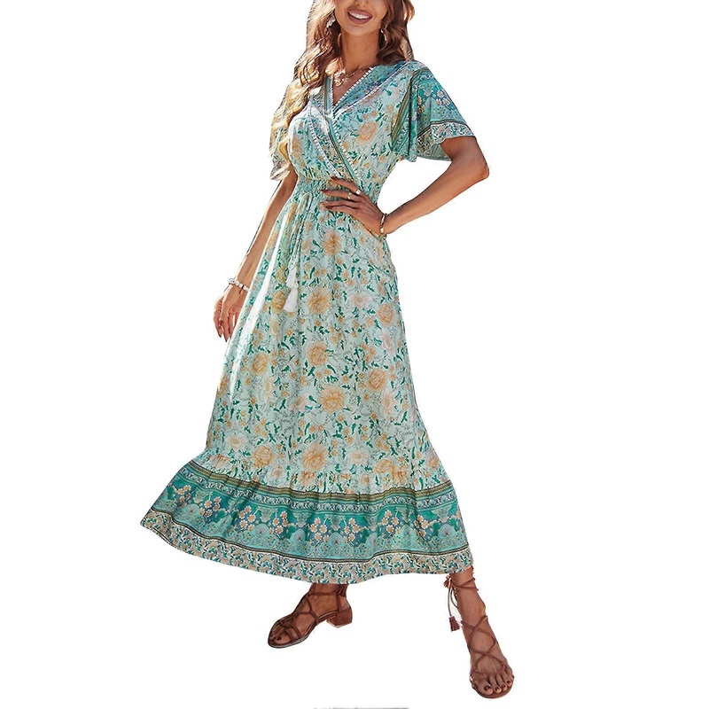 Summer Casual Dress V Neck Waist Tie Loose Hem Long Dress Printed Decoration Women Dress Green S | Fruugo SG