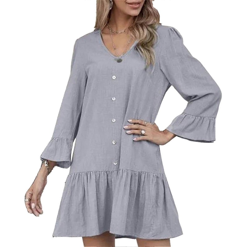 V Neck Button Dress Soft Fashion Casual Skin Friendly Breathable Long Sleeve Dress for Women Daily Shopping Light Gray XL | Fruugo SG