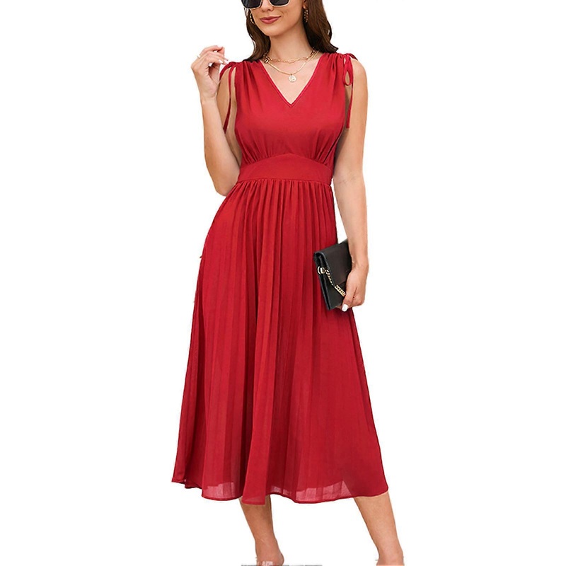 V Neck Drawstring Tie Shoulder Dress Women Pure Color Sleeveless Waist Gathered Pleated A Line Dress Red L_-sy_-sy | Fruugo SG