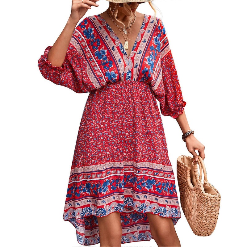 V Neck Floral Print Dress Women Summer Soft Elegant High Low Hem Half Puff Sleeve Backless Dress Red XL_-sy_-sy | Fruugo SG