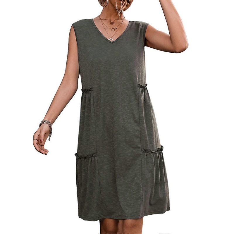 V Neck Sleeveless Dress Women Solid Color Loose Casual Frill Trim Short Tank Dress for Beach Party OD Green L_-sy_-sy | Fruugo SG