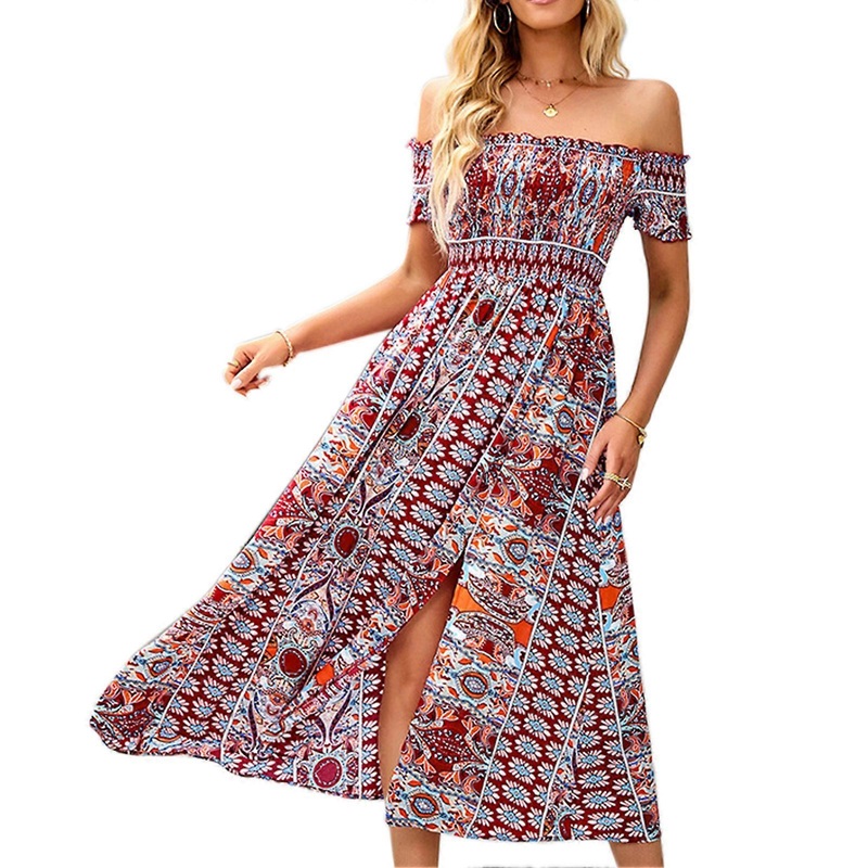 Woman One Piece Off Shoulder Dress Boho Floral Printed Slit Long Dress for Summer Vacation Wine Red S_-sy_-sy | Fruugo SG
