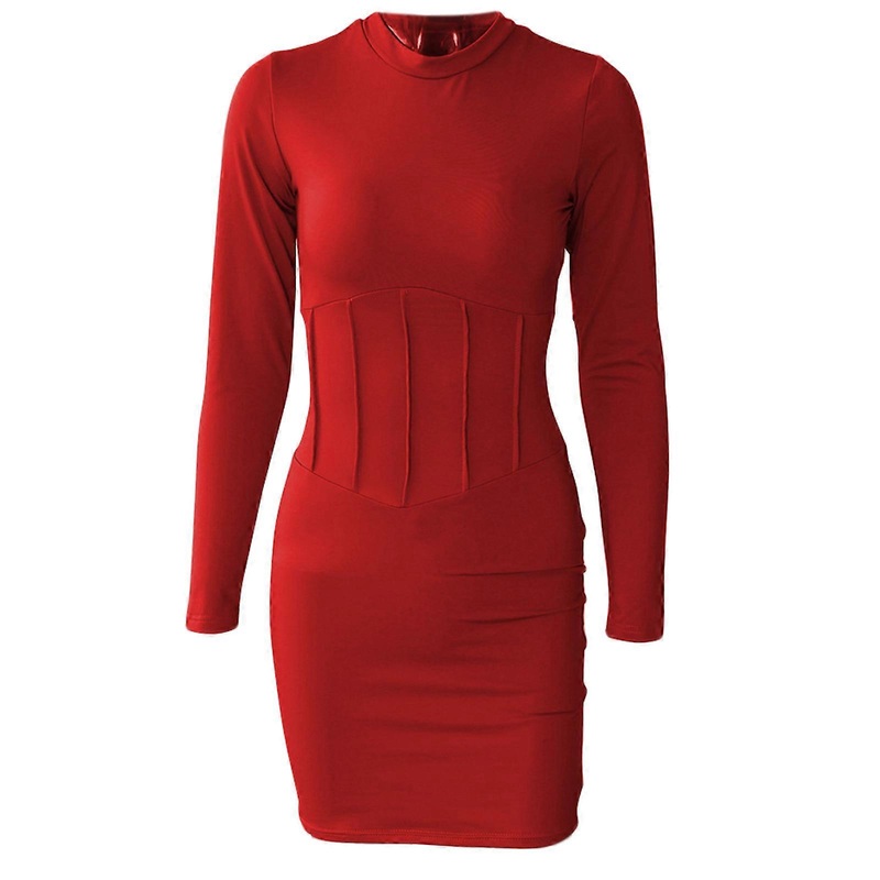 Women Autumn Long Sleeve O-Neck Bodycon Mini Dress Solid Color Ruched Striped High Waist Sexy Package Hip Basic Party Clubwear  Red | Fruugo SG