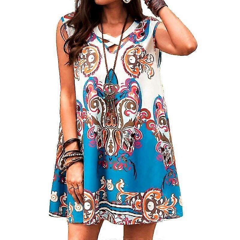 Women Casual O-neck Sleeveless Summer Print Knee-length Dress For Beach | Fruugo SG