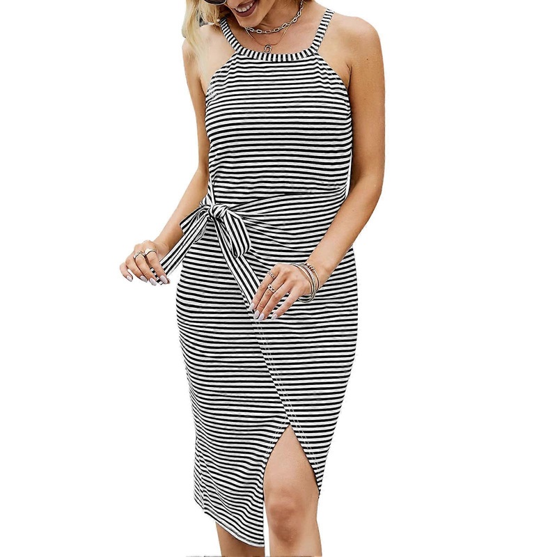 Women Casual Sleeveless Dress Striped Vest T Shirt Dress Waist Tie Design for Summer Black and White M | Fruugo SG
