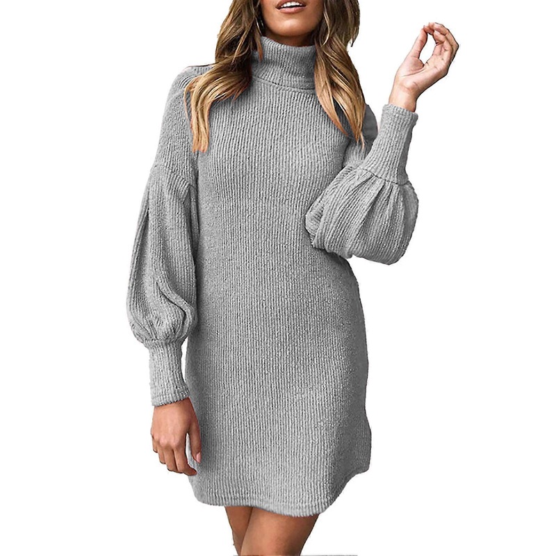 Women Dress High Neck Long Sleeve Rib Fashionable Women Short Dress for Shopping Dating Grey S_-sy_-sy | Fruugo SG