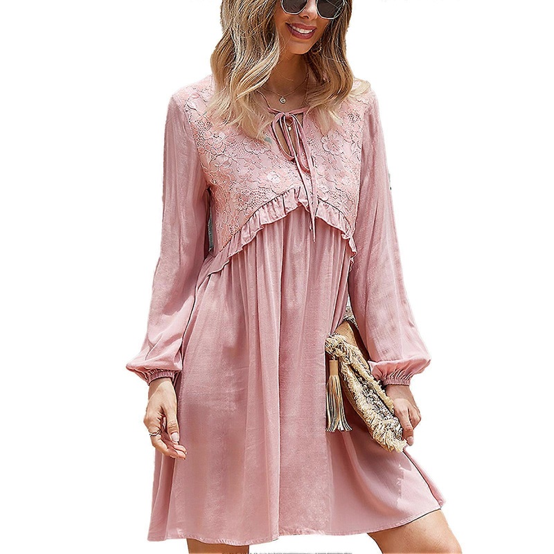Women Dress V Neck Long Lantern Sleeve Lace Splicing High Waist Frill Trim Dress for Girls Pink L_-sy_-sy | Fruugo SG