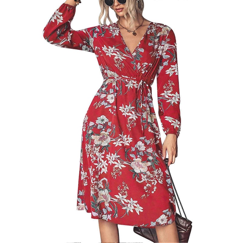 Women Floral Dress Cross V Neck Lace Up High Waist Slit Long Sleeve Stylish Autumn Floral Dress Red M_-sy_-sy | Fruugo SG