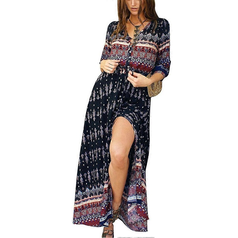 Women Floral Print Dress Loose V-Neck Half Sleeve Ankle Length Beach Dress (Black M) | Fruugo SG