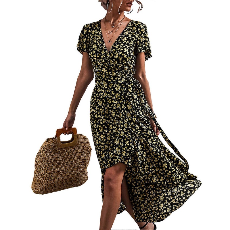 Women Floral Wrap Dress V Neck Waist Belted Ruffle Sleeve Asymmetrical Hem Summer Long Dress Black S_-sy_-sy | Fruugo SG
