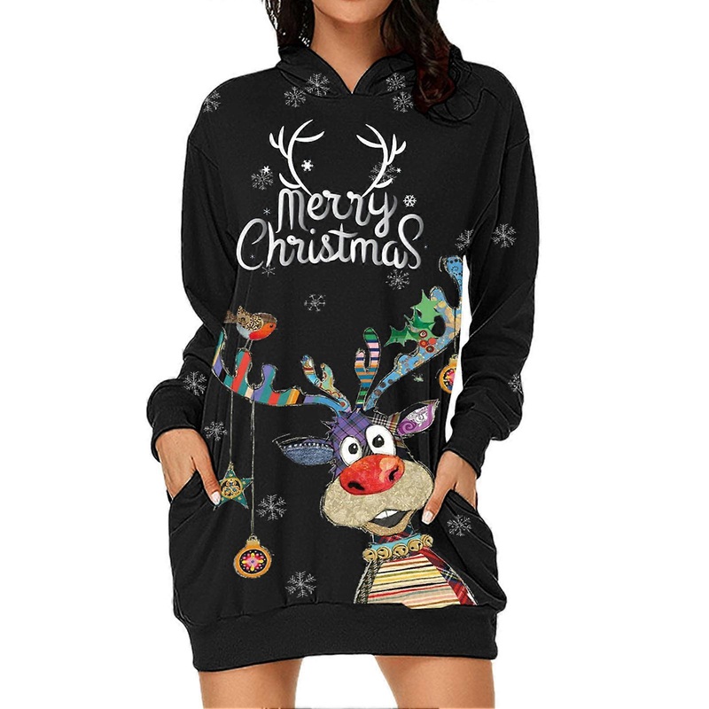 Women Hoodie Dress Christmas Print Long Sleeve Pullover Sweatshirt Dress Ladies Loose Casual Hoodie Black Elk (2) XL_-sy_-sy | Fruugo SG