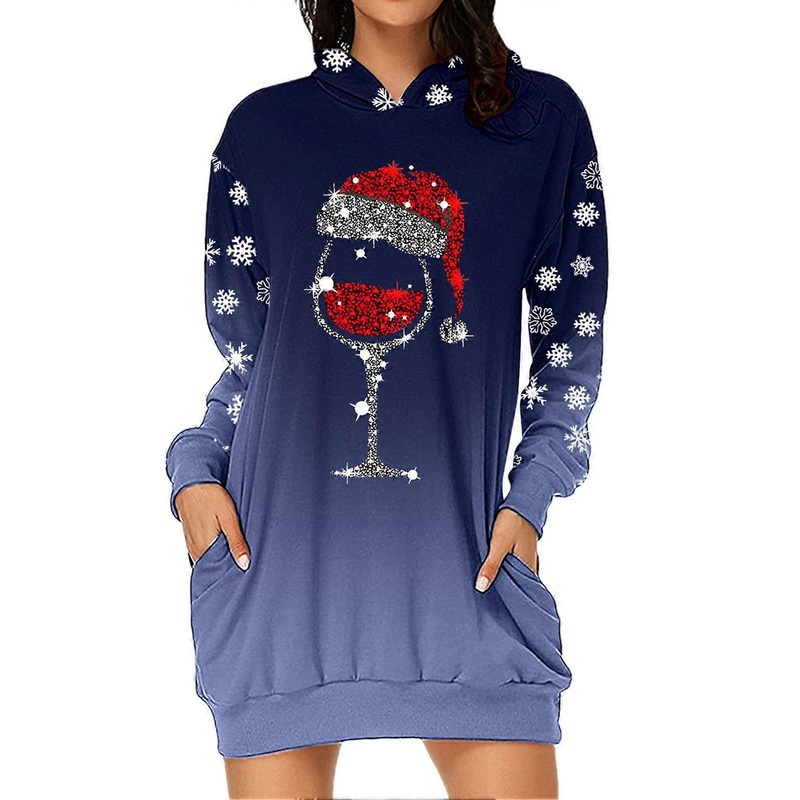 Women Hoodie Dress Christmas Print Long Sleeve Pullover Sweatshirt Dress Ladies Loose Casual Hoodie Dark Blue XXL_-sy_-sy | Fruugo SG