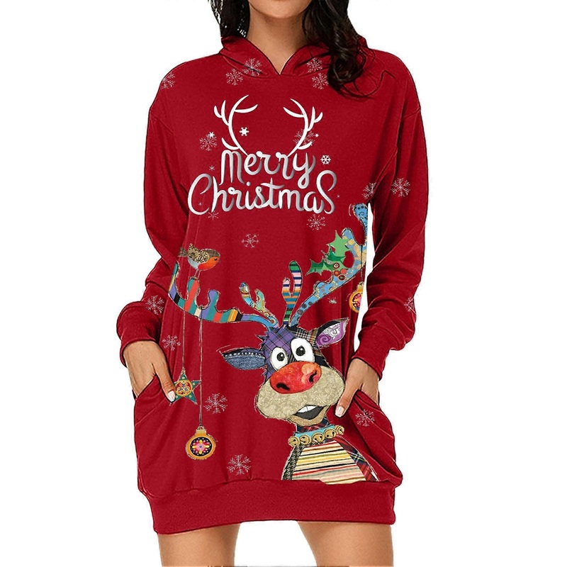 Women Hoodie Dress Christmas Print Long Sleeve Pullover Sweatshirt Dress Ladies Loose Casual Hoodie Red Elk (2) M_-sy_-sy | Fruugo SG