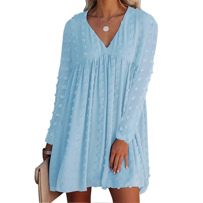 Women Lantern Long Sleeve Dress V Neck Ruffled Hem Loose Jacquard Dress for Autumn and Winter Blue XL | Fruugo SG