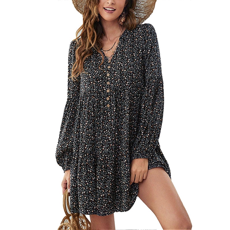 Women Long Sleeve Dress V Neck Floral Pattern Single Breasted Loose Lantern Sleeve Dress for Daily Work Party Leisure Black XL | Fruugo SG