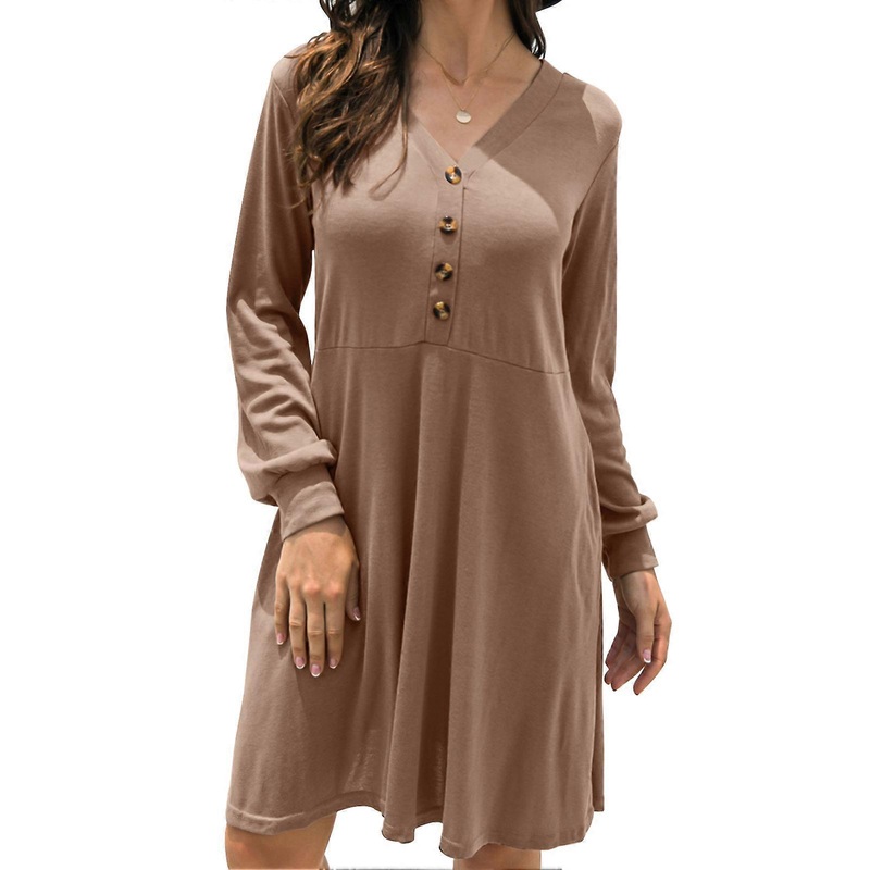Women Loose Dress Button Front V Neck High Waist Long Lantern Sleeve Casual Fall Dress Khaki L_-sy_-sy | Fruugo SG