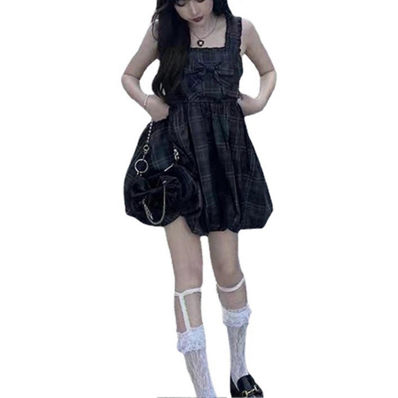 Women Plaid Dress Cute Frill Trim Bow Tie Cinched Waist Sleeveless Sweet Plaid Dress for Summer Plaid M_-sy_-sy | Fruugo SG