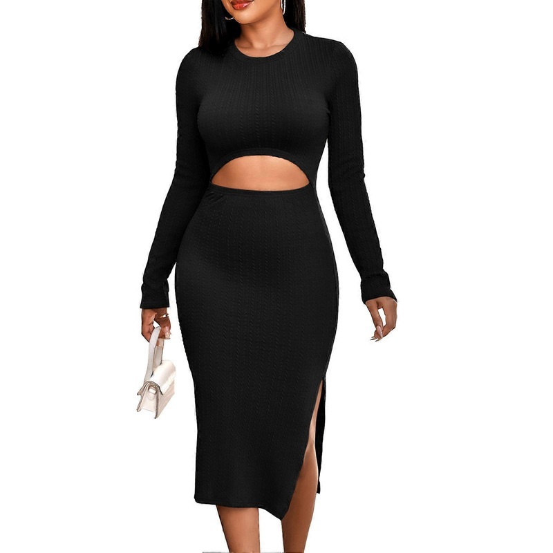 Women’s Long Dress Elegant Pure Color Round Collar Open Fork Hem Navel Exposed Long Sleeve Knitted Dress for Autumn and Winter Black L_-sy_-sy | Fruugo SG