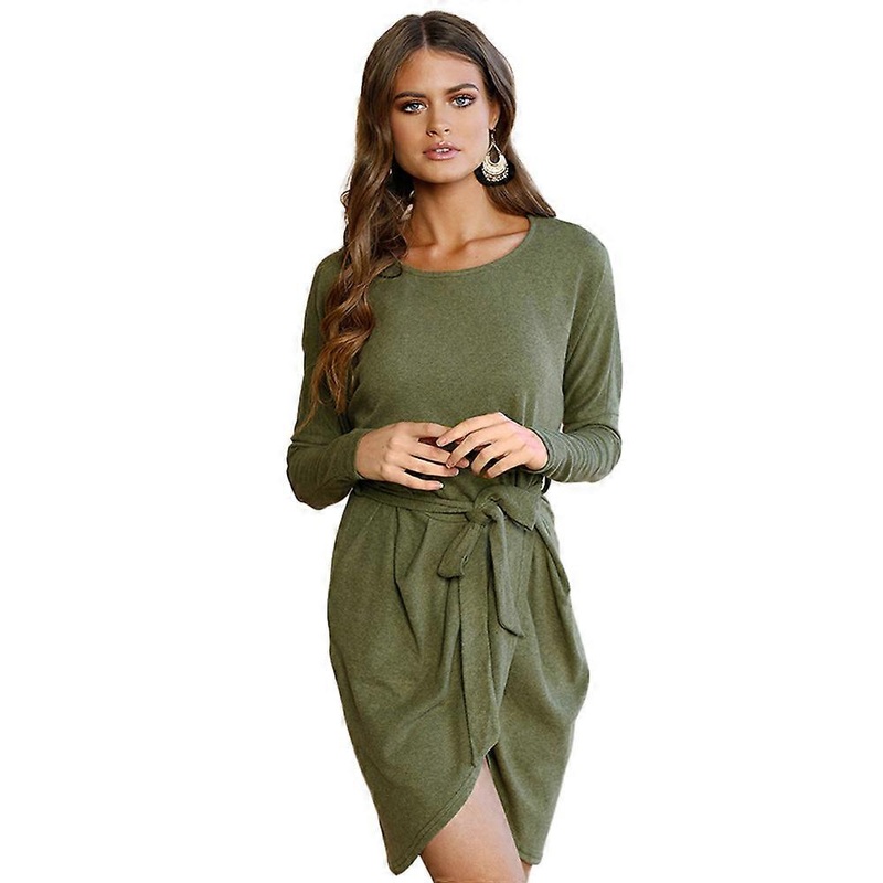 Women’s Wrap Long Sleeve Empire Waist Round Neck Waffle Knit Midi Dressesgreen | Fruugo SG