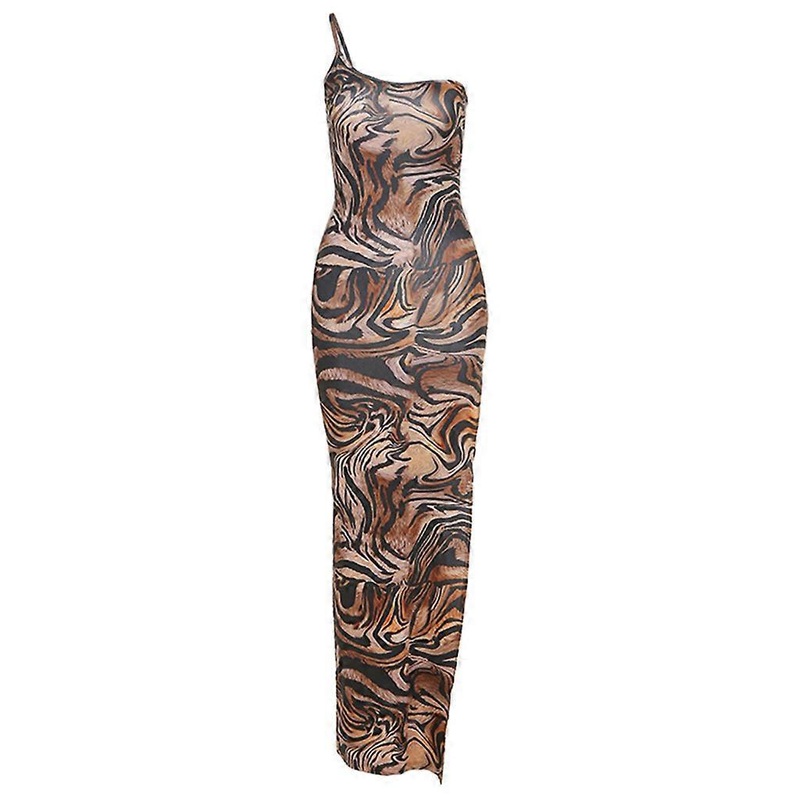 Women Sexy One Shoulder Bodycon Maxi Dress Tiger Striped High Split Clubwear | Fruugo SG