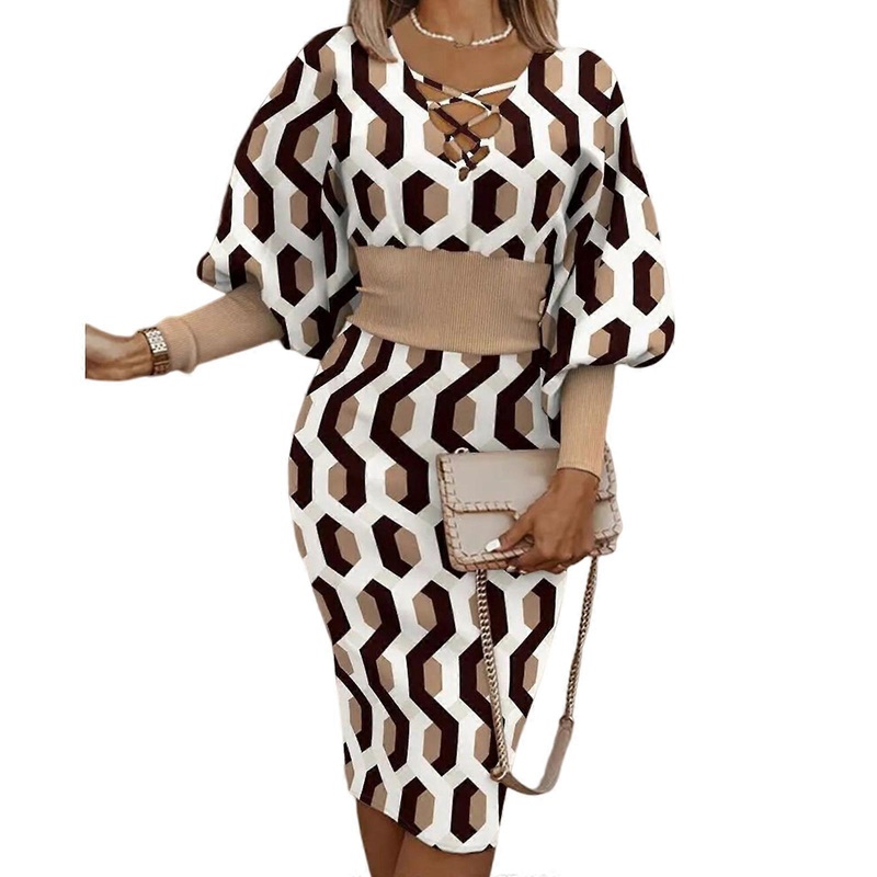 Women Sexy Strappy V-Neck Lantern Long Sleeve Geometric Pattern Midi Pencil Dress Elastic Empire Waist Bodycon Dresses  diamond XL | Fruugo SG