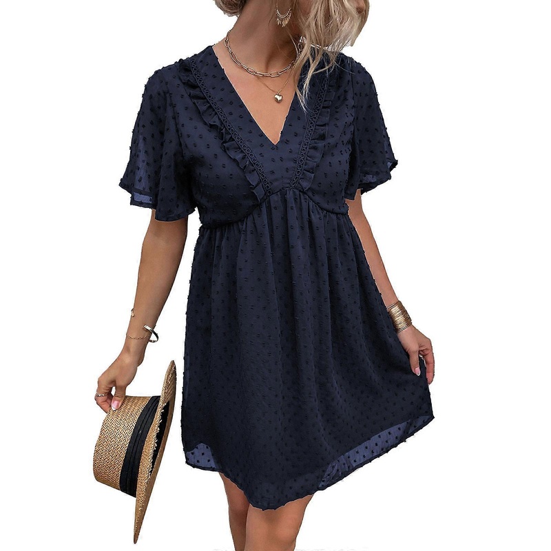 Women Short Bell Sleeve Ruffle V-Neck for Swiss Dot A-Line Pleated Mini Swing Dr  S | Fruugo SG